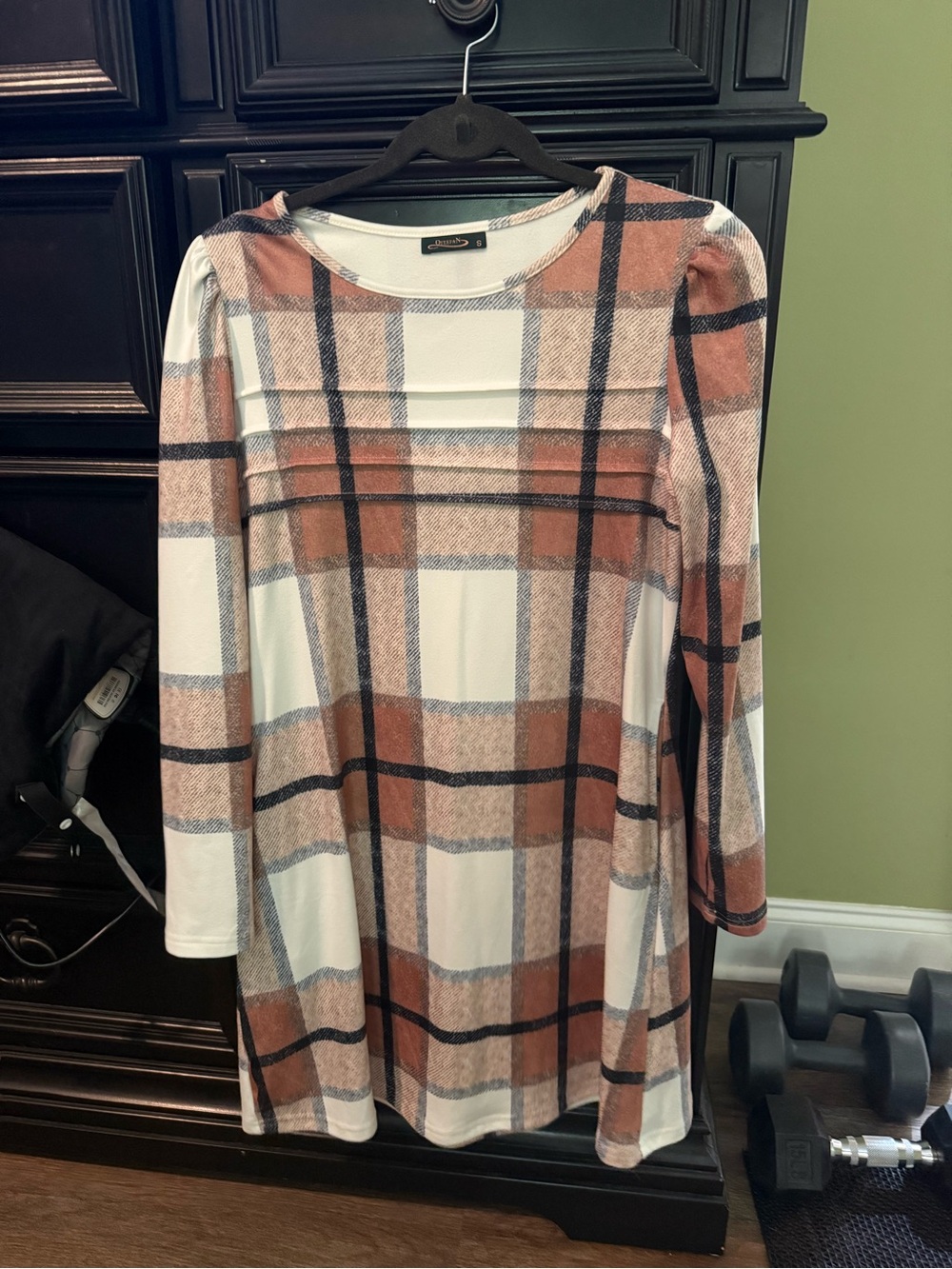 Plaid Long Sleeve A-Line Dress in White & Rust
